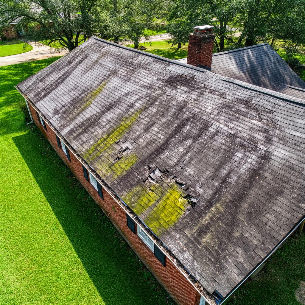 Old worn streaky roof before Shurden's Roofing replacement in Starkville MS