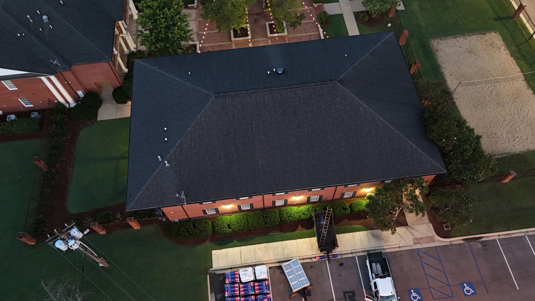 Aerial view of a commercial roof Shurden's Roofing installed in North Mississippi
