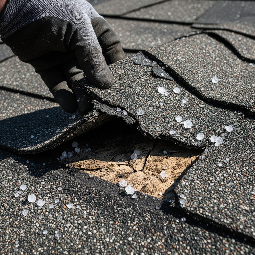 Storm-damaged shingle roof on a North Mississippi home