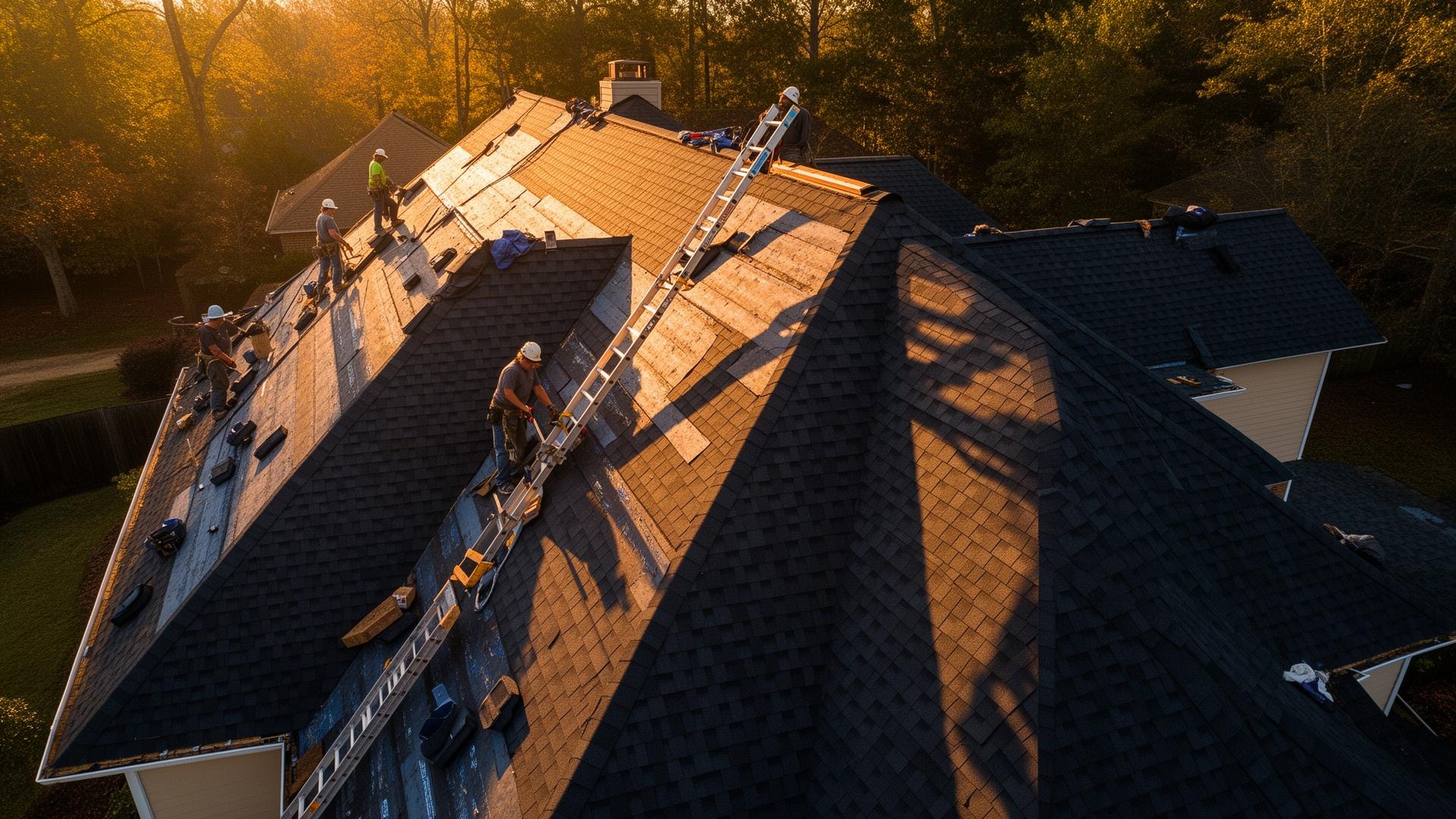 Crew installing dark architectural shingle roof at golden hour in Starkville MS
